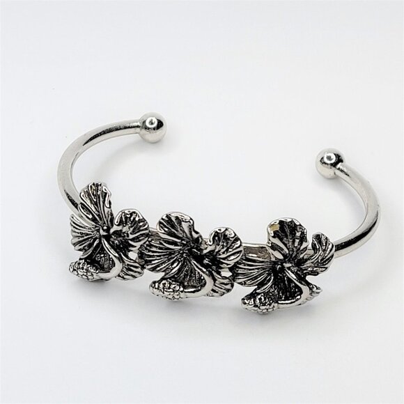 RHODIUM Cuff Bracelet Hibiscus Flowers Antique Rhodium Plating - Picture 2 of 11